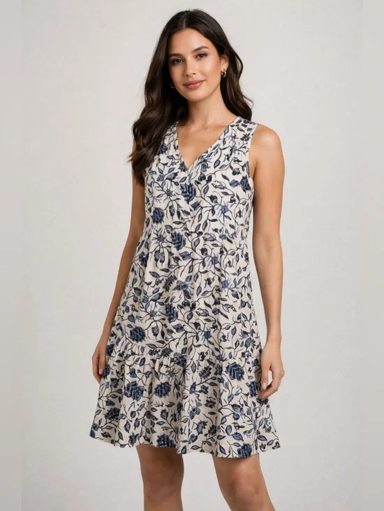 Rachel Zoe Linen Dress with Navy and Cream Floral Pattern - Picture 1 of 4
